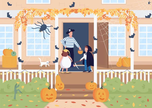 Trick Treat Flat Color Vector Illustration Celebración Halloween Niños Porche — Vector de stock