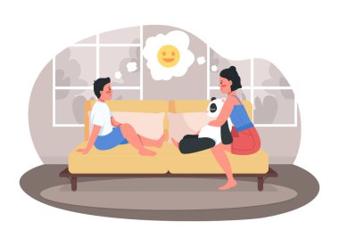 2D vektör izole resimli ergen kardeşler. Genç kız ve erkek kardeş, çizgi film arka planında, evlerindeki düz karakterlerde kanepede oturuyor. Aile ilişkileri renkli sahne