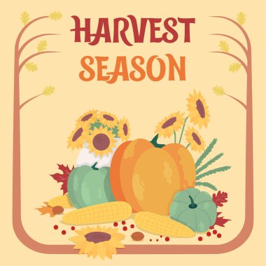 Sonbahar sosyal medya modeli. Hasat mevsimi tabiri. Web pankartı tasarım şablonu. Mevsimlik sebze güçlendirici, yazılı içerik düzeni. Poster, baskı reklamları ve düz illüstrasyon