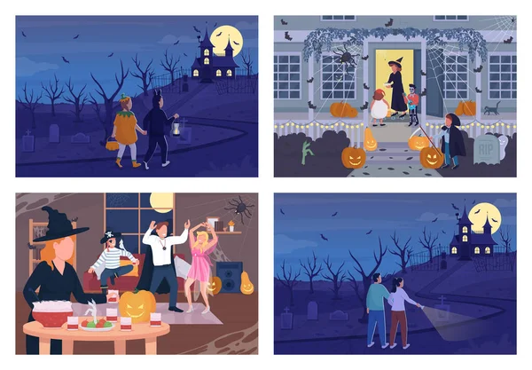 Halloween Nacht Viering Platte Kleur Vector Illustratie Set Een Herfstvakantie — Stockvector