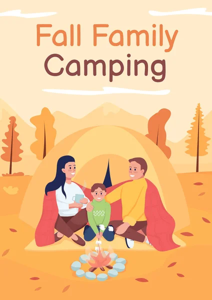 Fall Família Camping Poster Modelo Vetorial Plana Pais Levando Criança — Vetor de Stock
