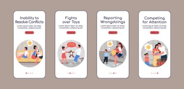 Mobil ekran düz vektör şablonu üzerinde aile içi anlaşmazlık. İlişki sorunu. Karakterlerle dolu 4 adımlı web sitesi. Yaratıcı UX, UI, GUI akıllı telefon çizgi film arayüzü, dosya yazdırma seti