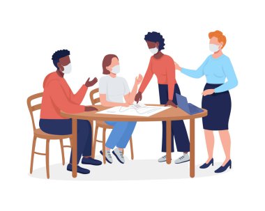 Maskeli öğrenciler yarı düz renk vektör karakterler. Etkileşimli figürler. Beyazın üstüne tüm vücudu olan insanlar. Covid grafik tasarım ve animasyon için modern çizgi film stili çiziminden sonra