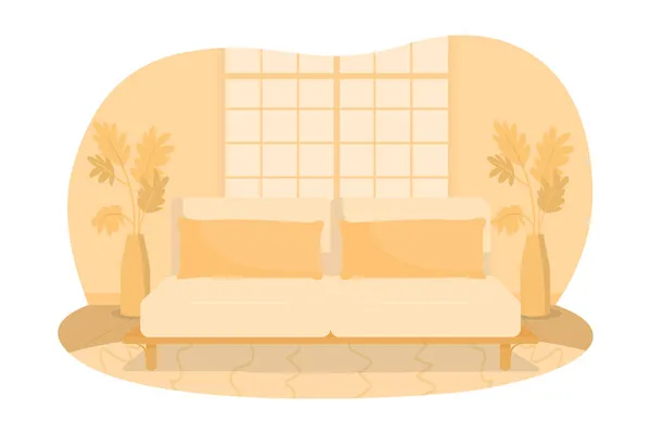 リビングルームオレンジのインテリア2Dベクトル絶縁イラスト 快適な生活 枕でソファを整理します 漫画の背景に居心地の良いホームフラット風景 住宅のアパートのカラフルなシーン内 — ストックベクタ