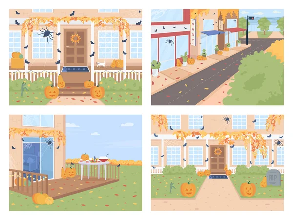 Kültéri Halloween Dekorációk Lapos Színű Vektor Illusztráció Készlet Házi Tornác — Stock Vector