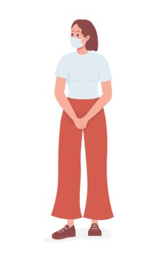 Yüz maskeli kadın yarı düz renk vektör karakteri. Ayakta duran figür. Beyazın üzerinde tam vücut insan. Sağlık güvenliği, grafik tasarım ve animasyon için modern çizgi film stili çizimlerini izole etti