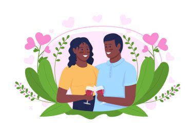 2D vektör izole edilmiş, gülümseyen bir çift. Genç adam ve kız çizgi film arka planında birlikte şarap içiyorlar. Sevgilisiyle romantik bir an, kız arkadaşıyla renkli bir sahne