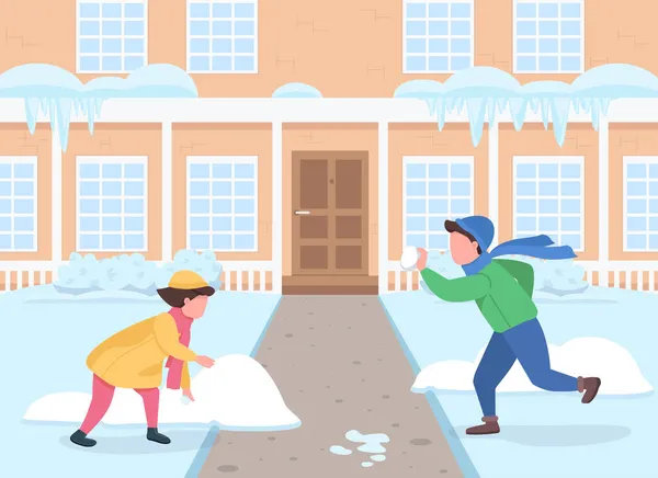 Snowball Walki Domu Podwórko Płaski Kolor Wektor Ilustracji Dzieci Dobrze — Wektor stockowy
