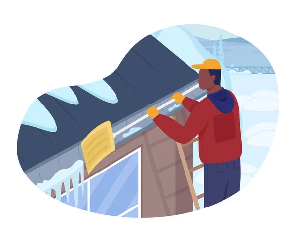 屋顶雪地清洁2D矢量隔离说明 盖伊清理住宅的屋顶 人站在梯子上 有铲子般平整的人物画在卡通背景上 冬天的工作五彩斑斓 — 图库矢量图片