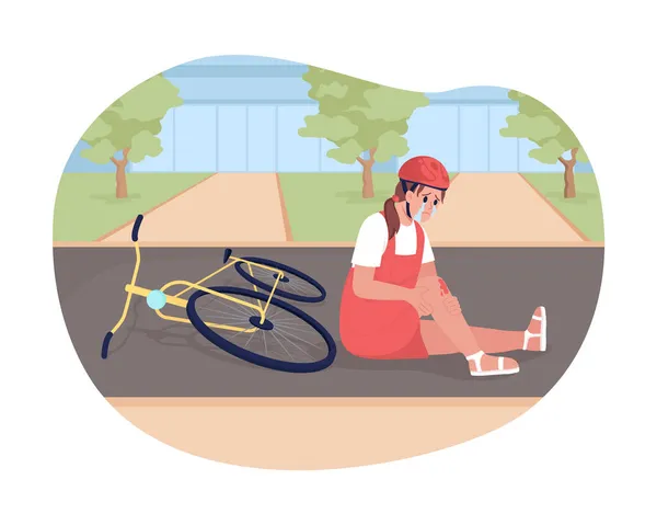 童年时期自行车事故2D矢量孤立的例证 在卡通片背景下哭泣的小女孩从自行车上摔下来了 骑单车造成的创伤经历五彩斑斓 — 图库矢量图片