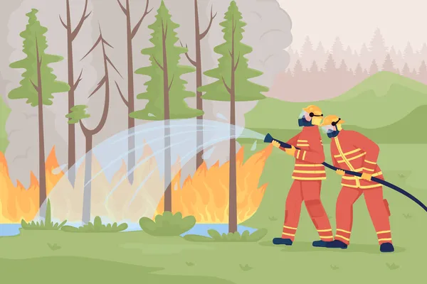 Пожарные Подавляют Лесной Пожар Плоским Векторным Рисунком Стихийное Первые Спасатели — стоковый вектор