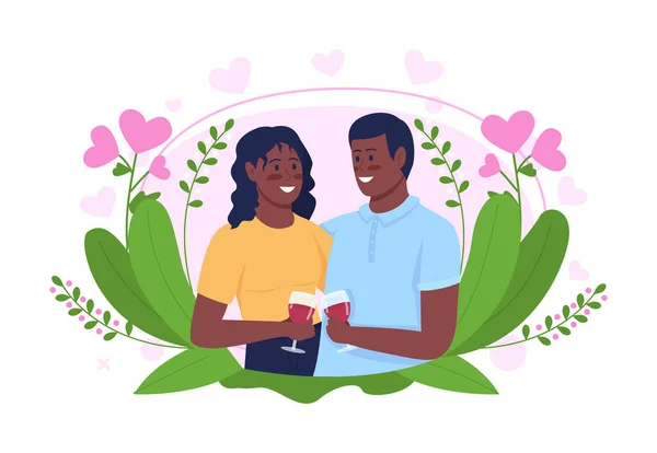 日付の2Dベクトル絶縁イラストに笑みを浮かべてカップル 若い男と女の子が一緒に漫画の背景に平らな文字をワインを飲む 彼氏とロマンチックな瞬間 彼女のカラフルなシーン — ストックベクタ