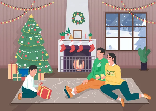 お祝いの休日のフラットカラーベクトルイラストの家族 息子は驚きだ クリスマスシーズンだ 冬の休日のお祝い 背景に自宅のインテリアと子供2D漫画のキャラクターを持つ親 — ストックベクタ