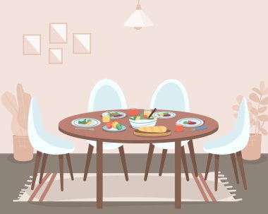 Yemek odası düz renk vektör çizimi. Aile toplantısı için hazırlık. Yiyecek tüketiyor. Doğum günü kutlaması. Mobilya yemek 2D karikatür iç dekorasyon rahat atmosfer arka planda