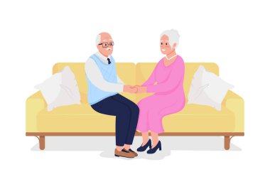 Yaşlı çift el ele tutuşuyor. Yarı düz renkli vektör karakterler. Beyazın üstüne tüm vücudu olan insanlar. Grafik tasarım ve animasyon için izole edilmiş modern çizgi film stili çizimleri birlikte vakit geçirmek