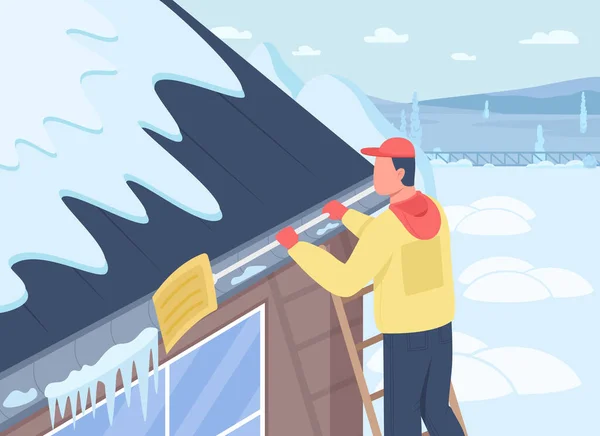 屋顶雪地清洁扁平的颜色矢量插图 在寒冷的天气里清扫屋顶 临冬期的郊区 带铲子的人带背景景观的2D卡通人物 — 图库矢量图片