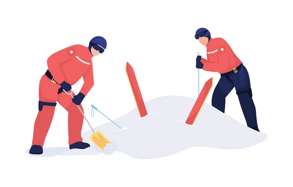 スキーヤーを掘削救助半フラットカラーベクトル文字 図を掲げて 白人の全身人 アバランシェは グラフィックデザインとアニメーションのための孤立したモダンな漫画スタイルのイラストを救出 — ストックベクタ