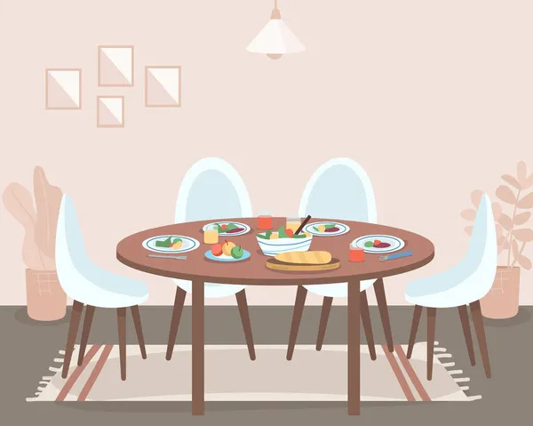 Eetkamer Platte Kleur Vector Illustratie Voorbereiding Voor Familiebijeenkomst Eten Consumeren — Stockvector