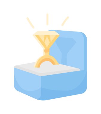 Nişan yüzüğü yarı düz renk vektör ögesi. Parlak elmaslı altın mücevherler. Beyaz üzerine gerçekçi bir nesne. Evlilik teklifi, grafik tasarım ve animasyon için modern çizgi film stili illüstrasyonunu izole etti