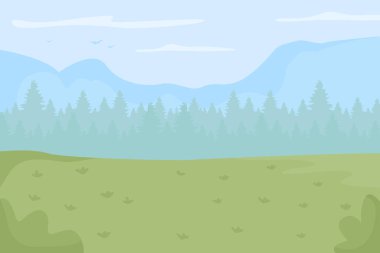 Yeşil eğlence alanı düz renk çizimi. Piknik yeri. Ulusal park ve orman. Biyolojik çeşitliliği koruma. Arka planda ladin ağaçları olan güzel doğal 2B karikatür manzarası