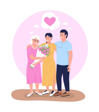 Gülümseyen aile birbirini kucaklıyor 2D vektör izole çizimi. Karikatür arka planında anne doğum gününü kutlayan kardeşler. Çiçek buketini aşk dolu sahnelerle vermek.