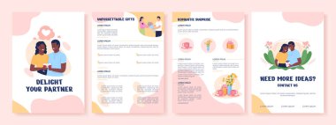 Partnerinizin düz vektör broşürünün keyfini çıkarın. Romantik bir fikir. Broşür, broşür, düz resimli basılabilir broşür tasarımı. Dergi sayfası, karikatür raporları, metin boşluğu olan bilgi afişleri