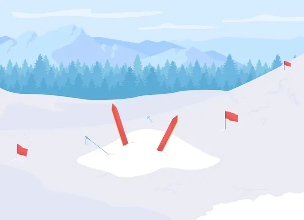 滑雪场意外平面彩色矢量图解 被雪崩掩埋的登山者 滑雪者被困在雪地里滑雪的危险 雪山背景下的雪崩受害者2D卡通人物 — 图库矢量图片