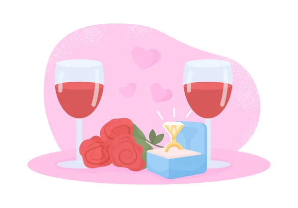 ロマンチックなディナー2Dベクトル絶縁イラスト カップル用ワイングラスと婚約指輪がセットになっています 漫画の背景に夜の日付フラット組成物 結婚提案カラフルなシーン — ストックベクタ
