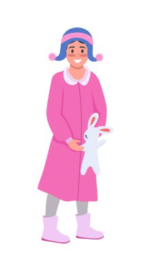 Oyuncak yarı düz renk vektör karakterli mutlu kız. Ayakta duran figür. Beyazın üzerinde tam vücut insan. Kış mevsimi, grafik tasarım ve animasyon için modern çizgi film stili illüstrasyonunu izole etti