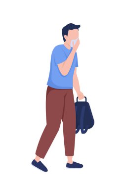 Liseli çocuk ağzını yarı düz renk vektör karakteriyle kapatıyor. Beyazın üzerinde tam vücut insan. Yangın güvenliği, grafik tasarım ve animasyon için modern çizgi film stili çizimlerini izole etti