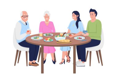 Aile üyeleri yarı düz renkli vektör karakterlerle yemek yiyorlar. Beyazın üstüne tüm vücudu olan insanlar. Grafik tasarım ve animasyon için aile yemeği izole edilmiş modern çizgi film stili çizimi