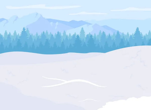 マウンテンリゾートフラットカラーベクトルイラスト スキーシーズンだ 屋外レクリエーション スキーやスノーボードの機会 山国立公園背景に雪のピークを持つ2D漫画の風景 — ストックベクタ