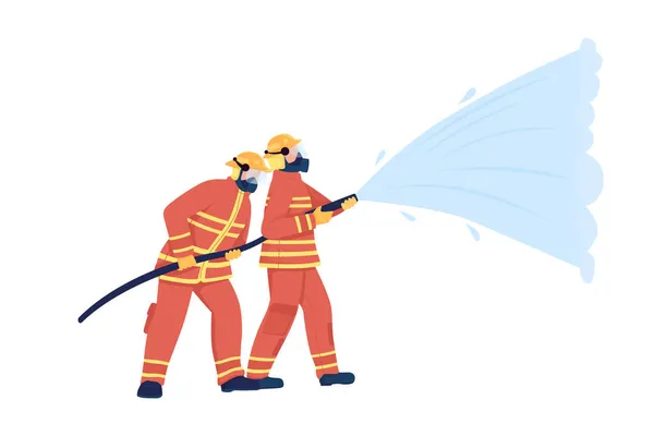 ウォーターホース半フラットカラーベクトル文字で消防士 白人の全身人 グラフィックデザインとアニメーションのための隔離された現代的な漫画スタイルのイラストを抑制 — ストックベクタ