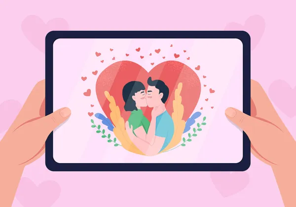 ロマンチックな関係フラットカラーベクトルイラスト パートナーは抱きついてる 恋人への愛情 キスカップルで愛二次元漫画のキャラクターとともに最初ビュータブレットディスプレイ上の背景 — ストックベクタ
