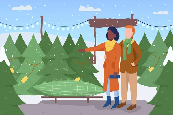 ツリーファームフラットカラーベクトルイラストで松狩り 彼女とボーイフレンドは森で購入するモミを選択します 冬のコートのカップル背景にインテリアと2D漫画のキャラクター — ストックベクタ