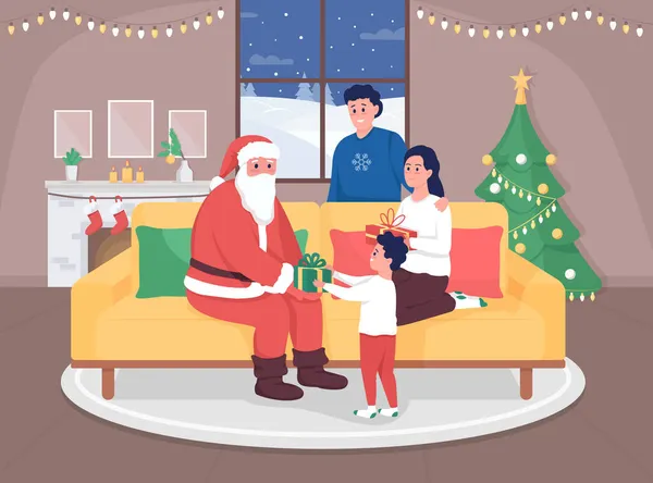 サンタホームフラットカラーベクトルイラストを招待 クリスマスにプレゼントを受け取る子供を持つ親 冬の休日のお祝い 背景にお祝いのインテリアと幸せな家族の2D漫画のキャラクター — ストックベクタ