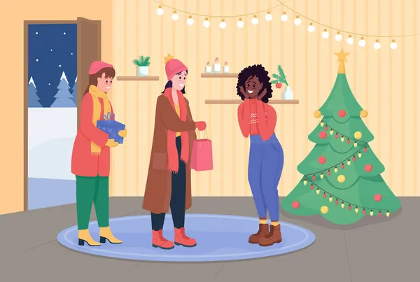 Пригласите Друзей Рождественскую Цветную Векторную Иллюстрацию Девушки Приходят Праздновать Зимние — стоковый вектор
