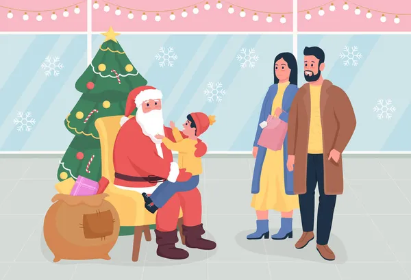 モールフラットカラーベクトルイラストでサンタからの挨拶 幸せな両親だ 子供がプレゼントを求める 子供は贈り物を望んでいる ショッピングセンターの人々背景に表示される2D漫画のキャラクター — ストックベクタ