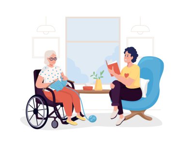 Huzurevinde gönüllü olarak çalışan 2D vektör çizimi. Kız büyükanneye kitap okudu. Yaşlı ve genç kadın, çizgi film arka planında kapalı alanda düz karakterler olarak birlikte otururlar. Hayır işi renkli bir sahne.