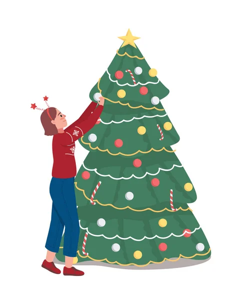 Κορίτσι Διακόσμηση Χριστουγεννιάτικο Δέντρο Ημι Επίπεδη Χρώμα Διάνυσμα Χαρακτήρα Ποζάρω — Διανυσματικό Αρχείο