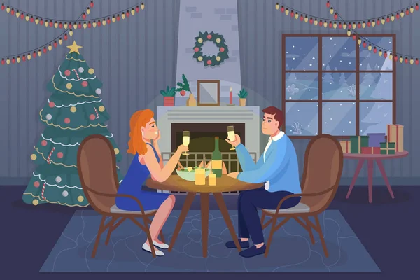 ロマンチックなお祝いのディナーフラットカラーベクトルイラスト ボーイフレンドとガールフレンドは休日を祝う 恋人のカップルは 背景にインテリアと暖炉2D漫画のキャラクターの近くのテーブルに座って — ストックベクタ