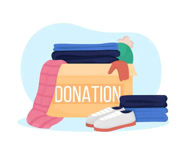 衣類寄付ボックス2次元ベクトル絶縁イラスト 靴やシャツ以外の利益を与えるために 漫画の背景に人道援助フラット組成物 チャリティー貢献カラフルなシーン — ストックベクタ