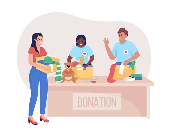 寄付センターは2Dベクトル絶縁イラストをご覧ください 非営利財団の支援 漫画の背景に幸せなボランティアのフラット文字 社会福祉団体への貢献カラフルなシーン — ストックベクタ