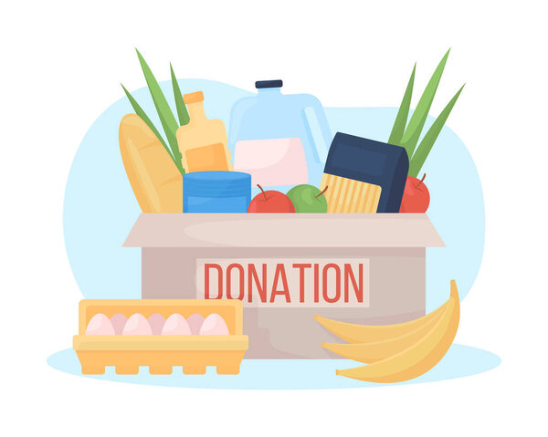 Food donation box 2D vector isolated illustration. Grocery products to give away to non profit. Humanitarian aid flat composition on cartoon background. Charity contribution colourful scene