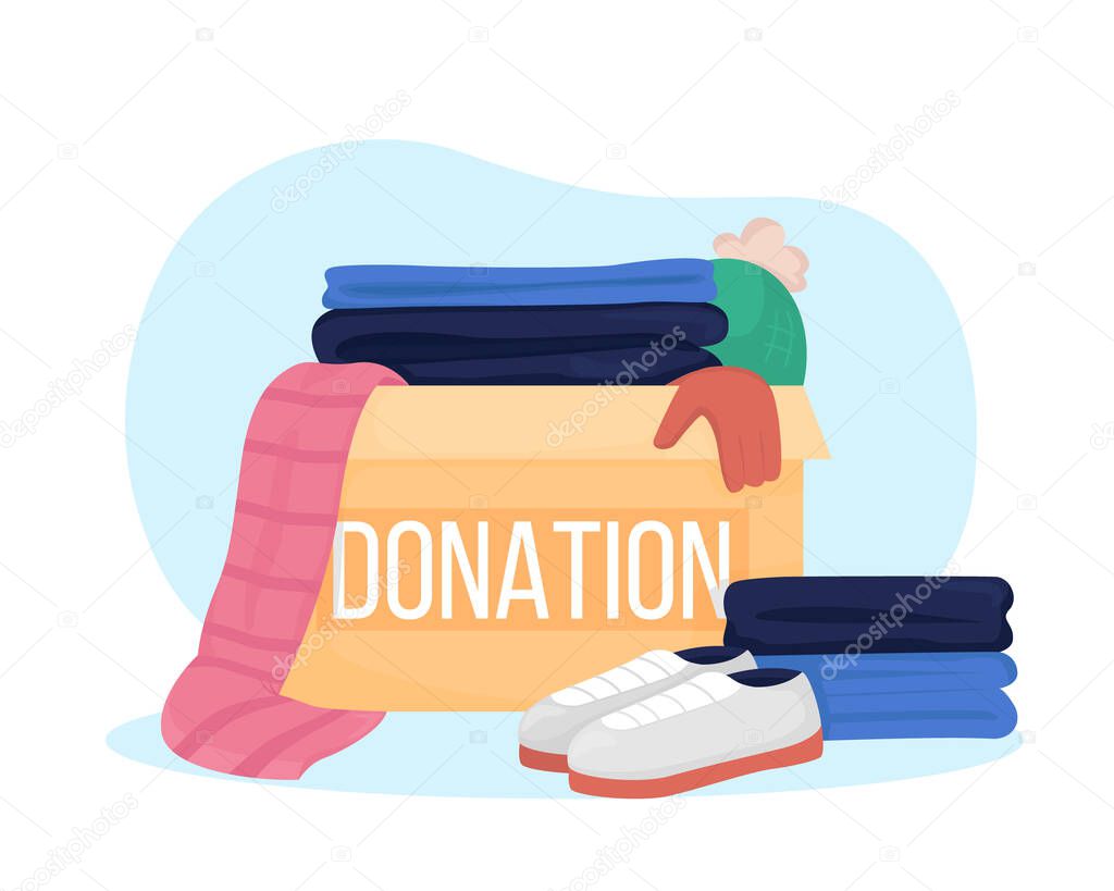 Clothing donation box 2D vector isolated illustration. Shoes and shirts to give away to non profit. Humanitarian aid flat composition on cartoon background. Charity contribution colourful scene