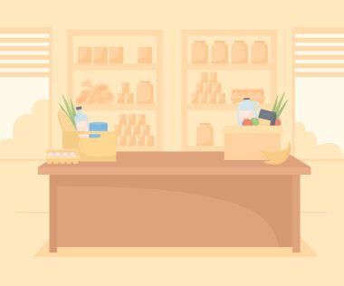 Gıda bankası düz renk vektör çizimi. Bağış malzemeleri için kiler. İnsani yardım organizasyon merkezi. Tek renkli turuncu 2D karikatür. Arka planda ürünleri olan süpermarket rafları.