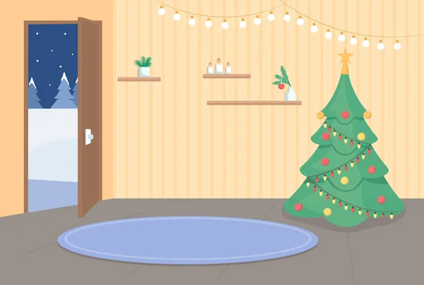 Domácí Vstup Vánoční Plochý Barevný Vektor Ilustrace Vánoční Strom Rohu — Stockový vektor