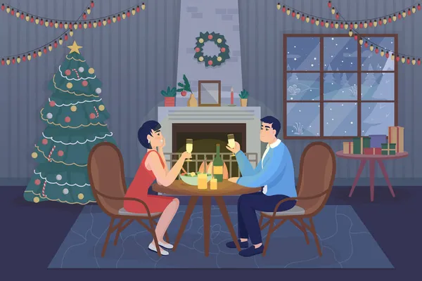 Christmas Dinner Couple Flat Color Vector Illustration Celebrating New Year — Stock Vector