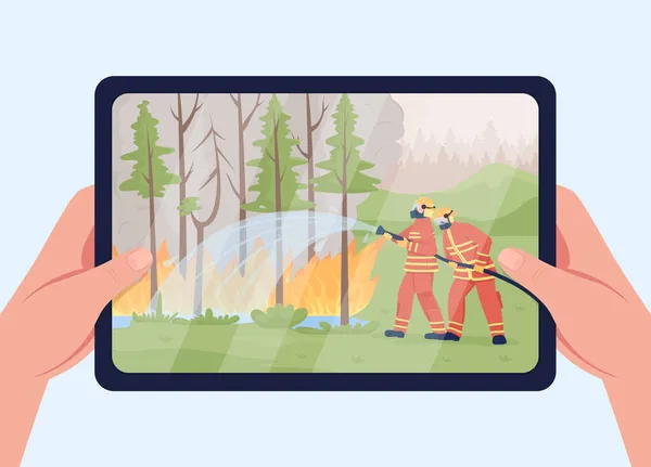 在平板平面彩色矢量图上扑灭野火 关于森林紧急情况的消防员 从背景看带有自然灾害的小工具屏幕2D卡通第一眼手 — 图库矢量图片