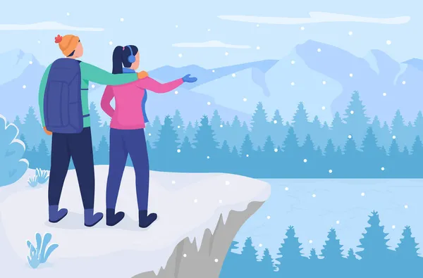 冬の山の景色フラットカラーベクトルイラストをお楽しみください ボーイフレンド ハイキング旅行のガールフレンド カップル一緒に丘のピークで立って2D漫画のキャラクターとともに冬の丘の斜面を背景に — ストックベクタ